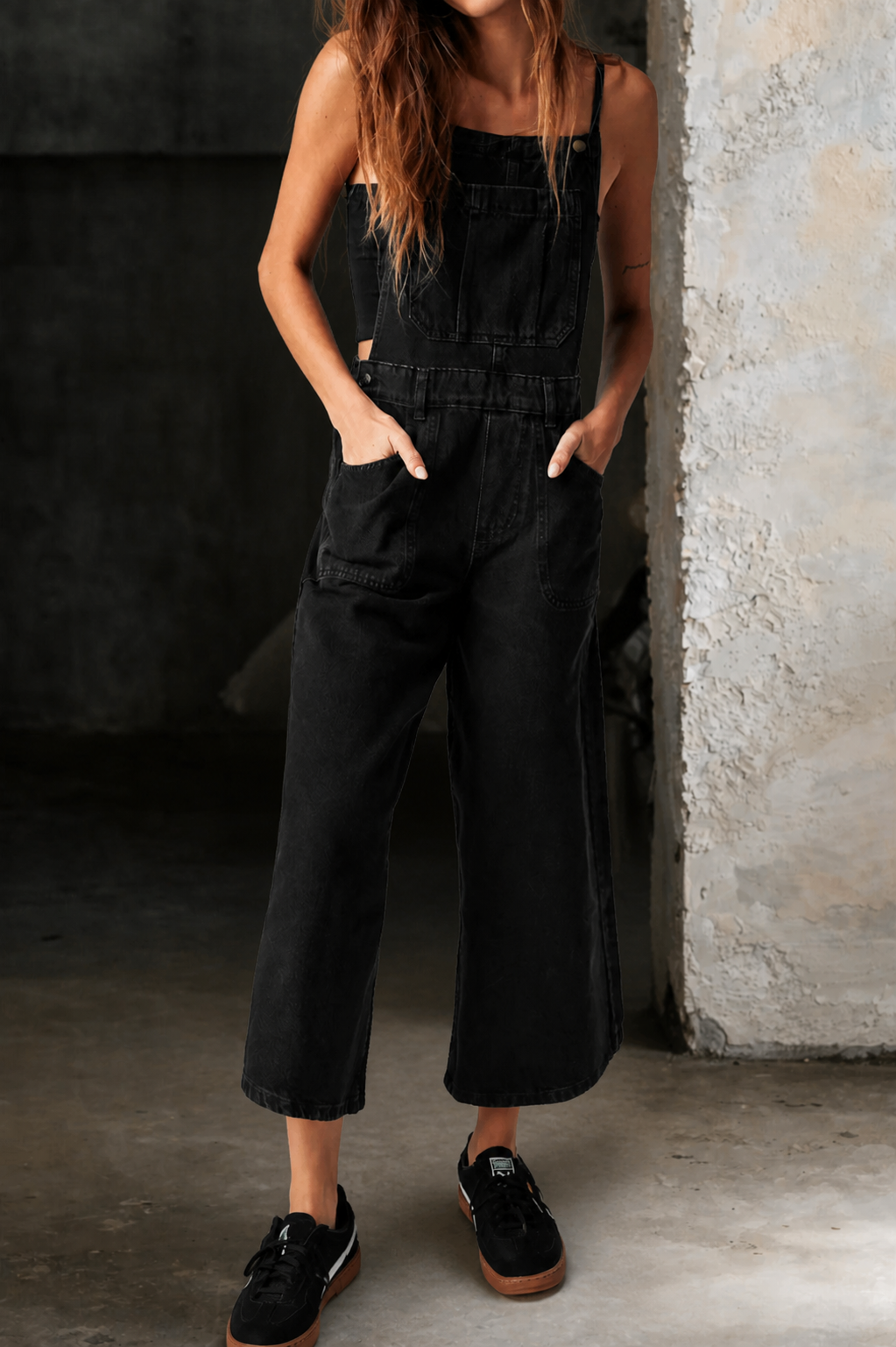 Karissa Cropped Dungarees in Black
