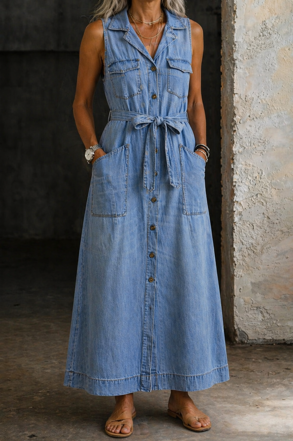 Katelynn Tie-Waist Denim Maxi in Medium Blue