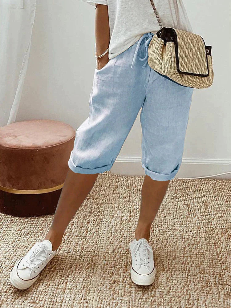 Katy Drawstring Cuffed Shorts in Light Blue
