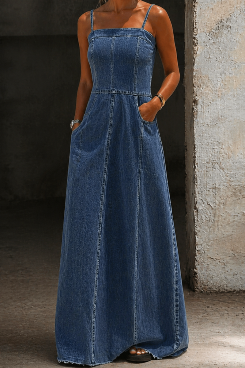 Keisha Square-Neck Denim Maxi