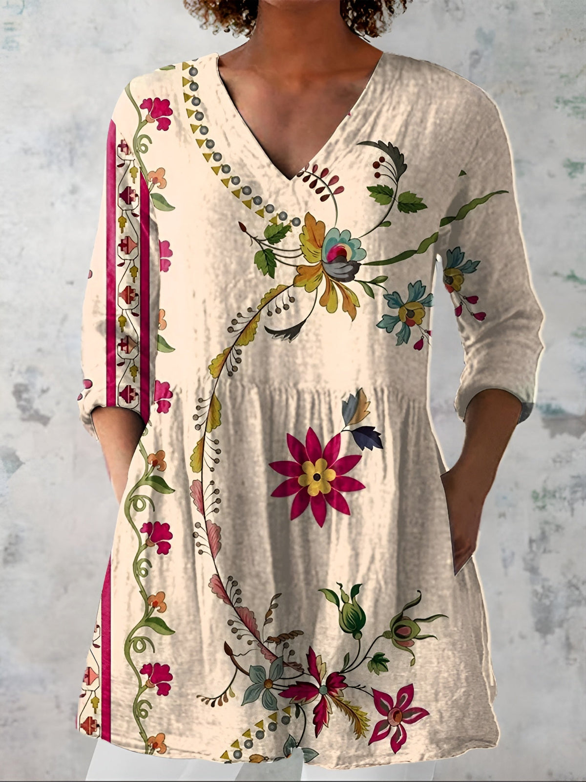 Kerri Folk Floral Tunic in Beige