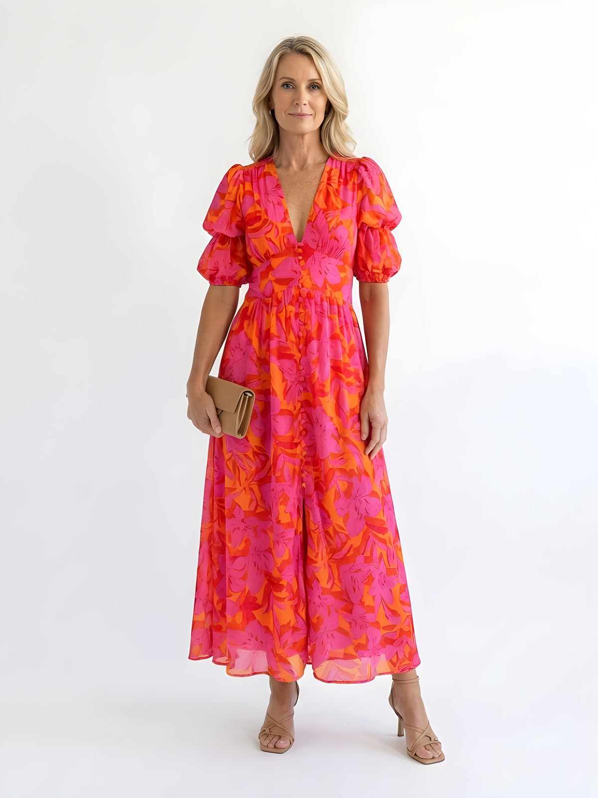 Kerry Leaf Print Dress in Pink