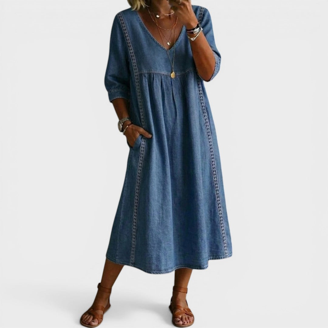 Kierra Lace-Trim Denim Dress in Blue