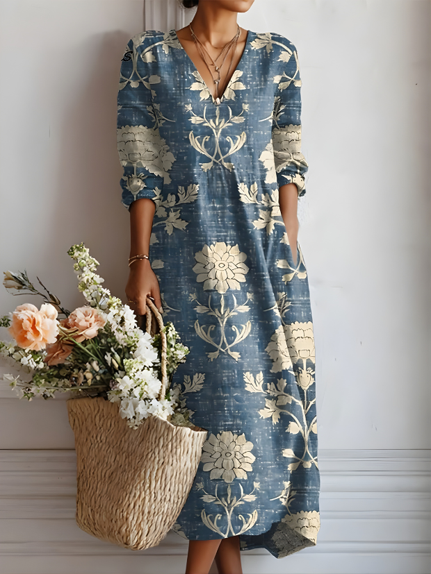 Kirsi Faded Floral Dress in Blue Floral