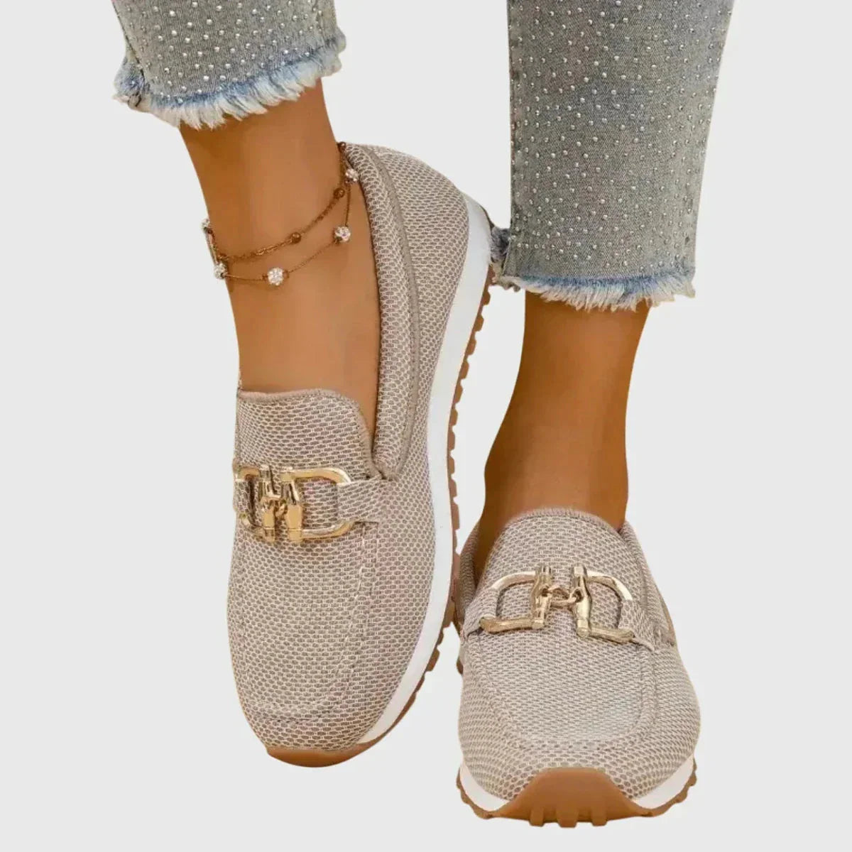 Kris Mesh Buckle Loafers in Beige