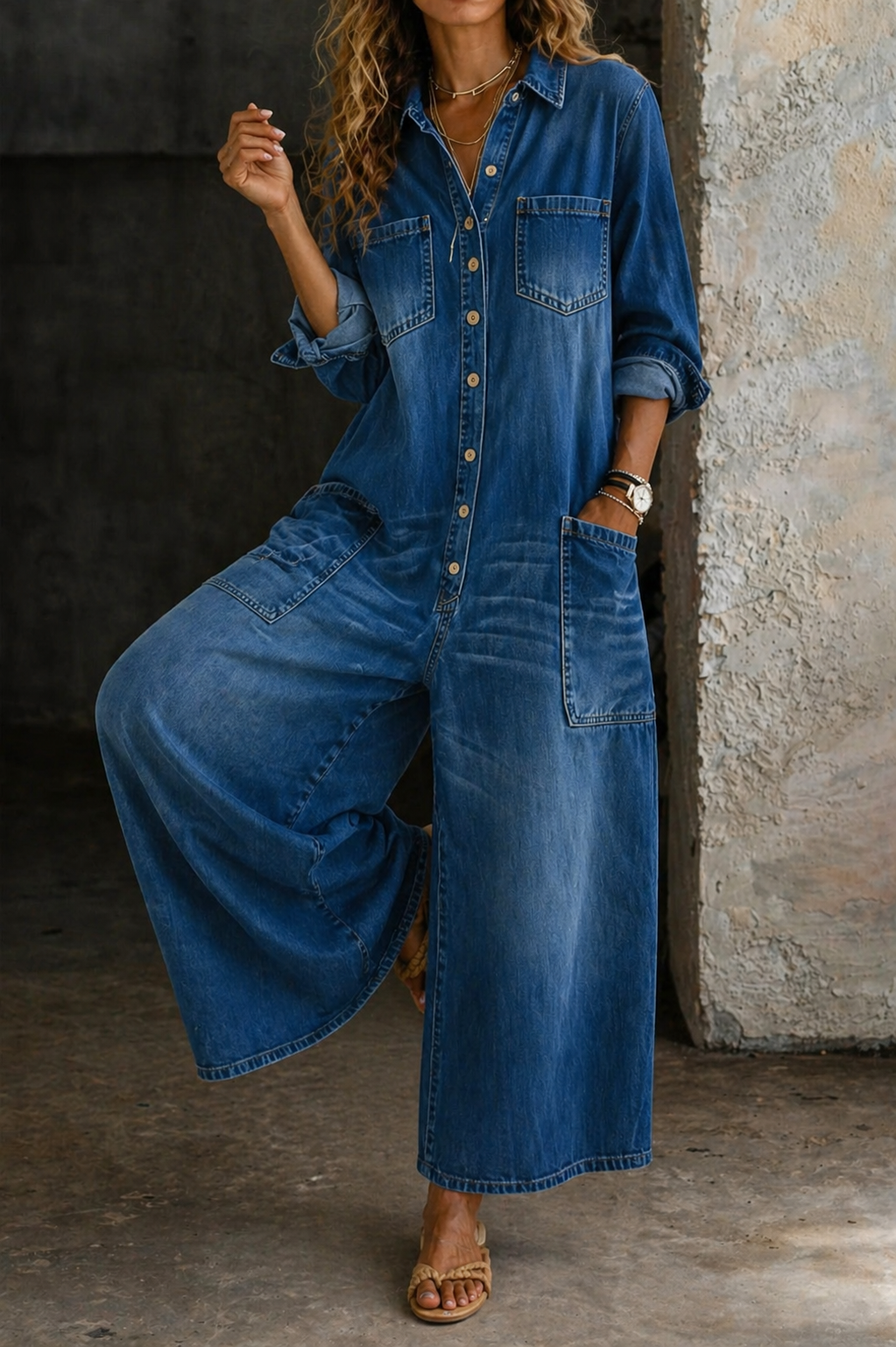 Ladonna Wide-Leg Shirt Jumpsuit in Blue