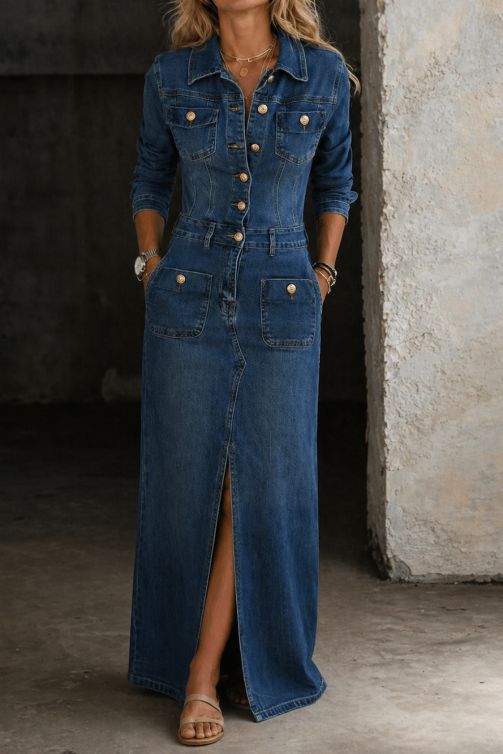 Latisha Denim Maxi Dress in Blue