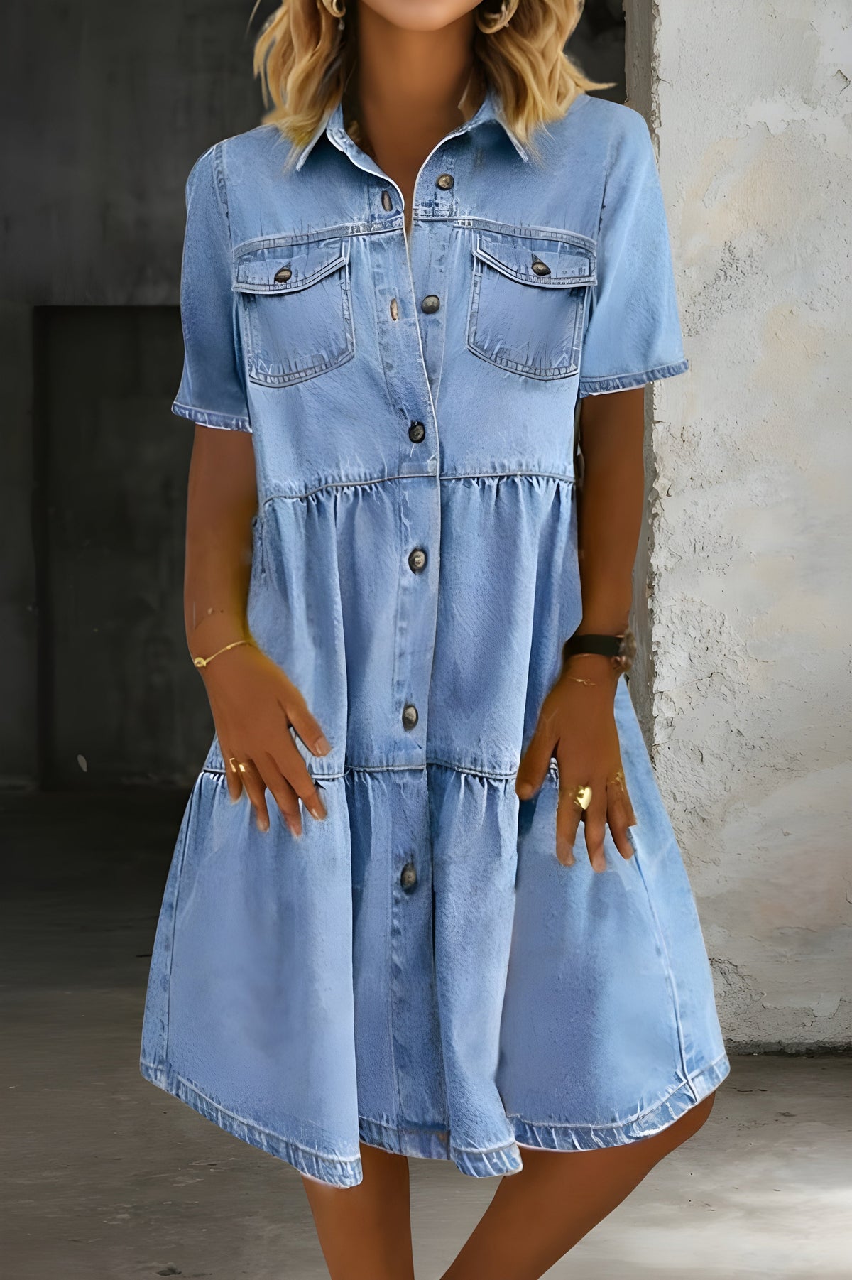 Leann Tiered Shirt Dress in Light Blue