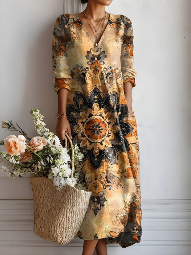 Leda Mandala Midi Dress in Ochre Mandala
