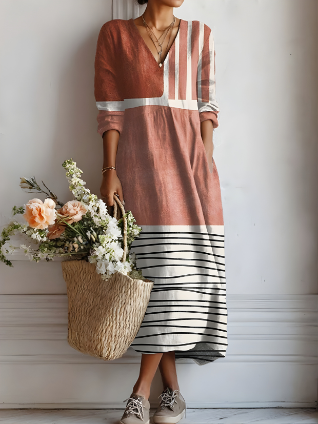 Leonor Panelled Stripe Dress in Terracotta Stripe