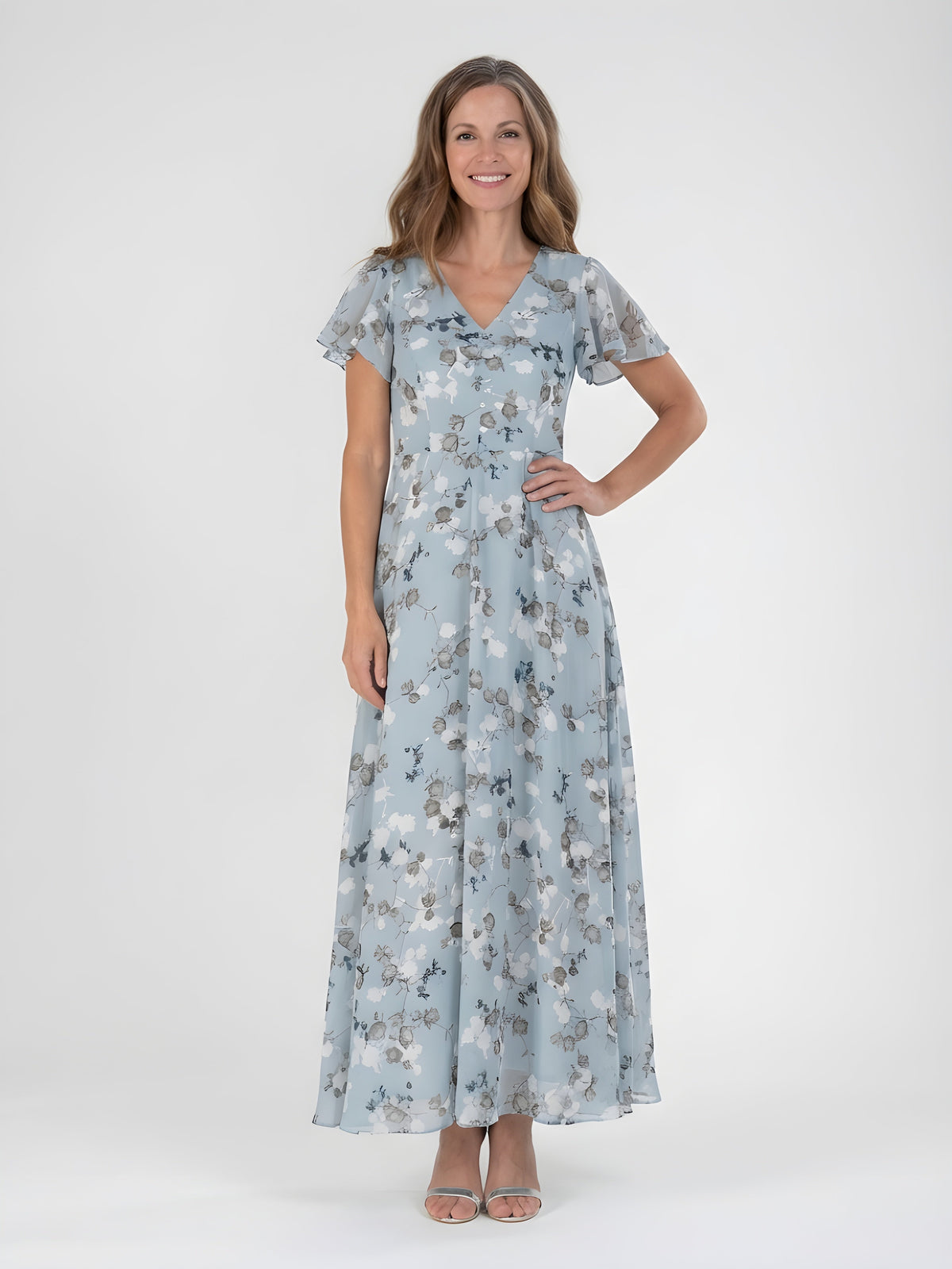 Leonora Flutter Sleeve Dress in Sky Blue