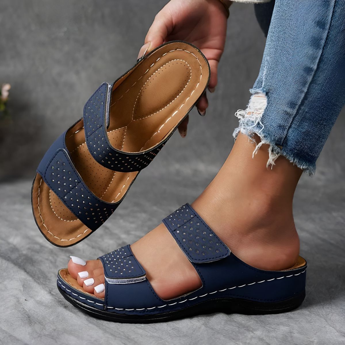 Libby Perforated Two-Strap Slides in Blue
