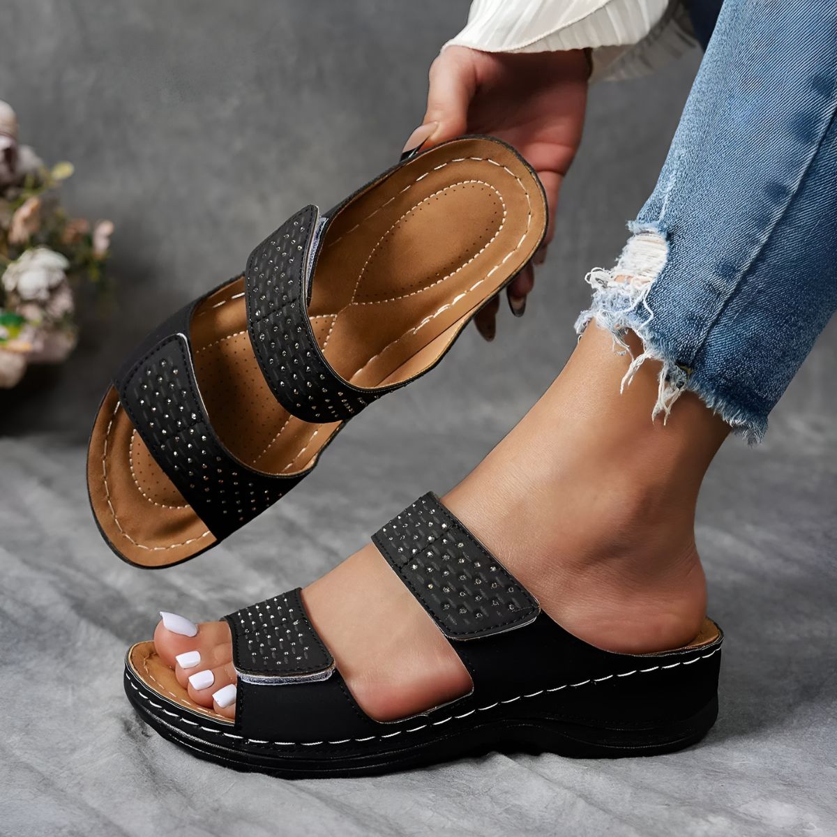 Libby Perforated Two-Strap Slides in Black