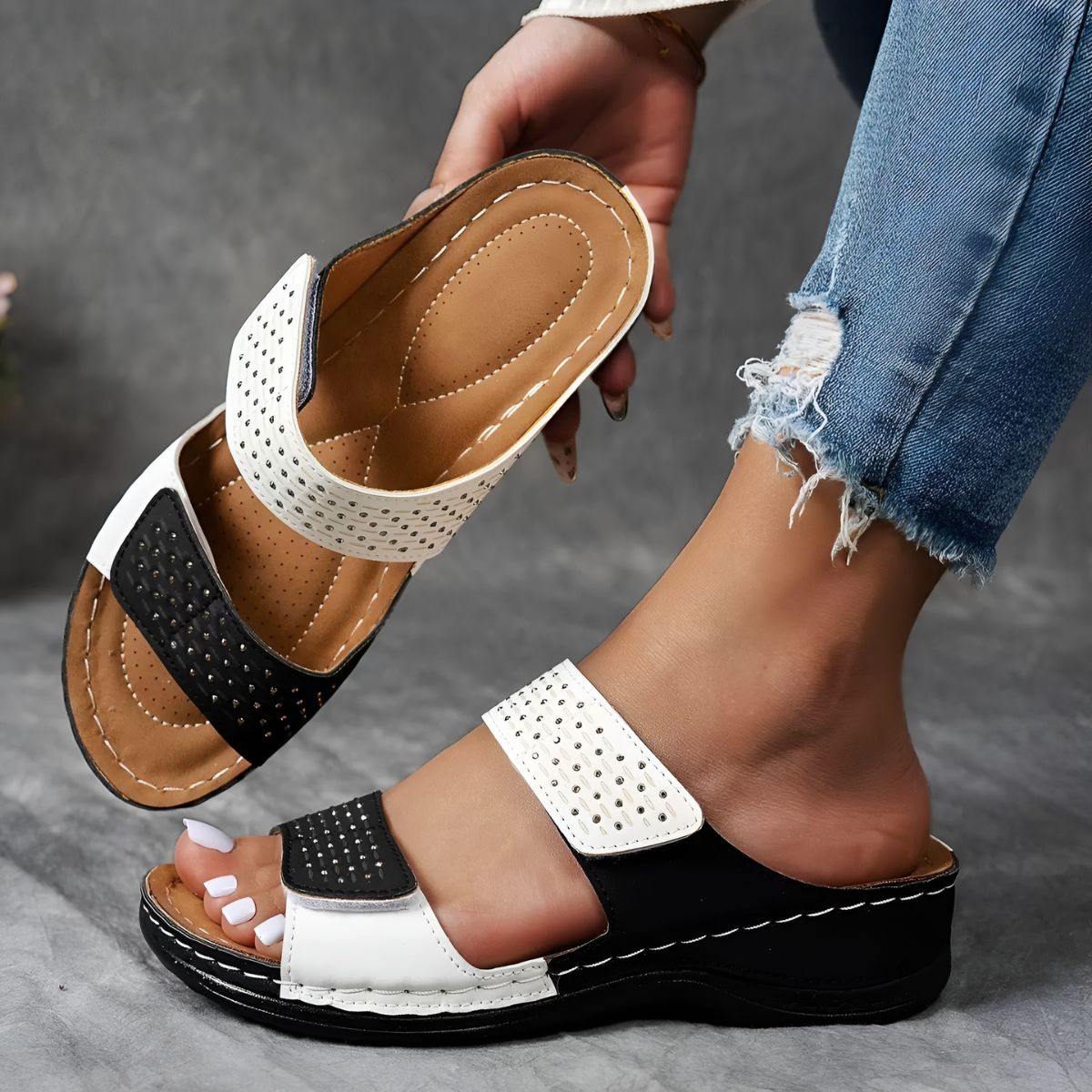 Libby Perforated Two-Strap Slides in Black White