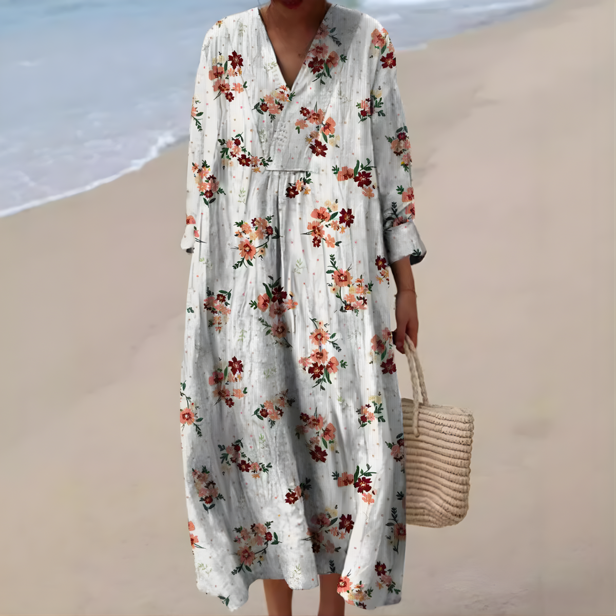 Liesel Long-Sleeve Floral Dress in White Floral