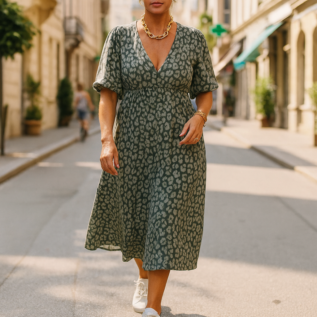 Lindsay Puff-Sleeve Maxi Dress in Green