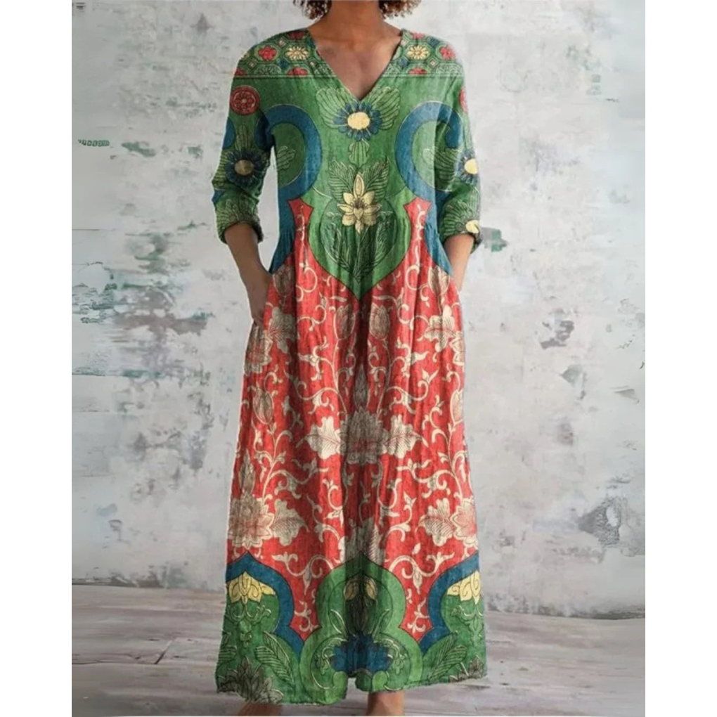 Linnea Folk Print Maxi in Green-Red