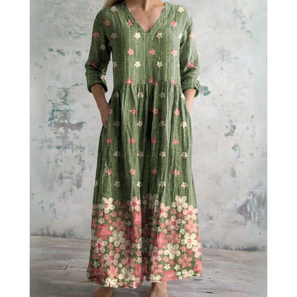 Linnea Folk Print Maxi in Olive Green