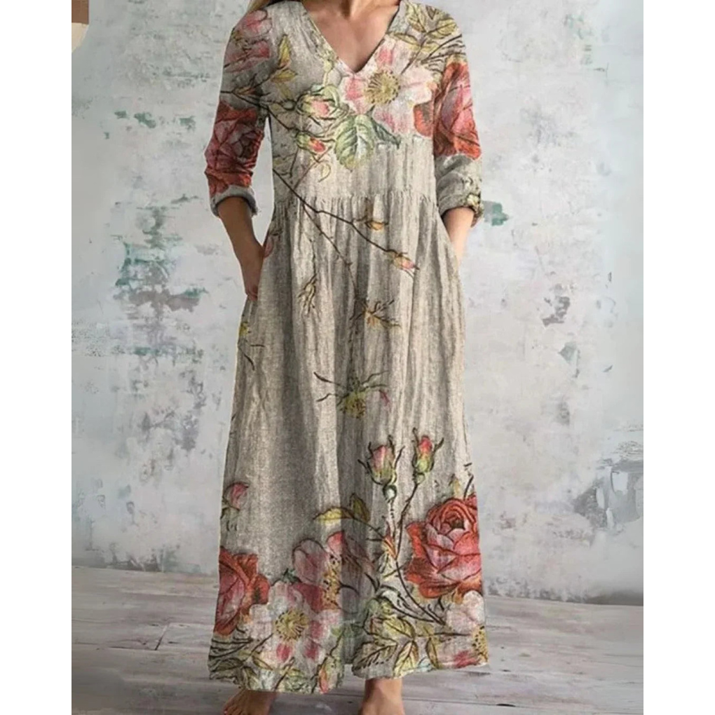 Linnea Folk Print Maxi in Gray
