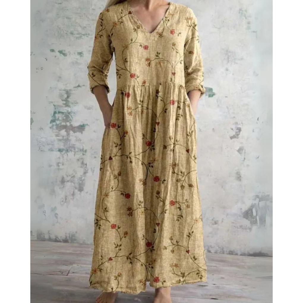 Linnea Folk Print Maxi in Yellow