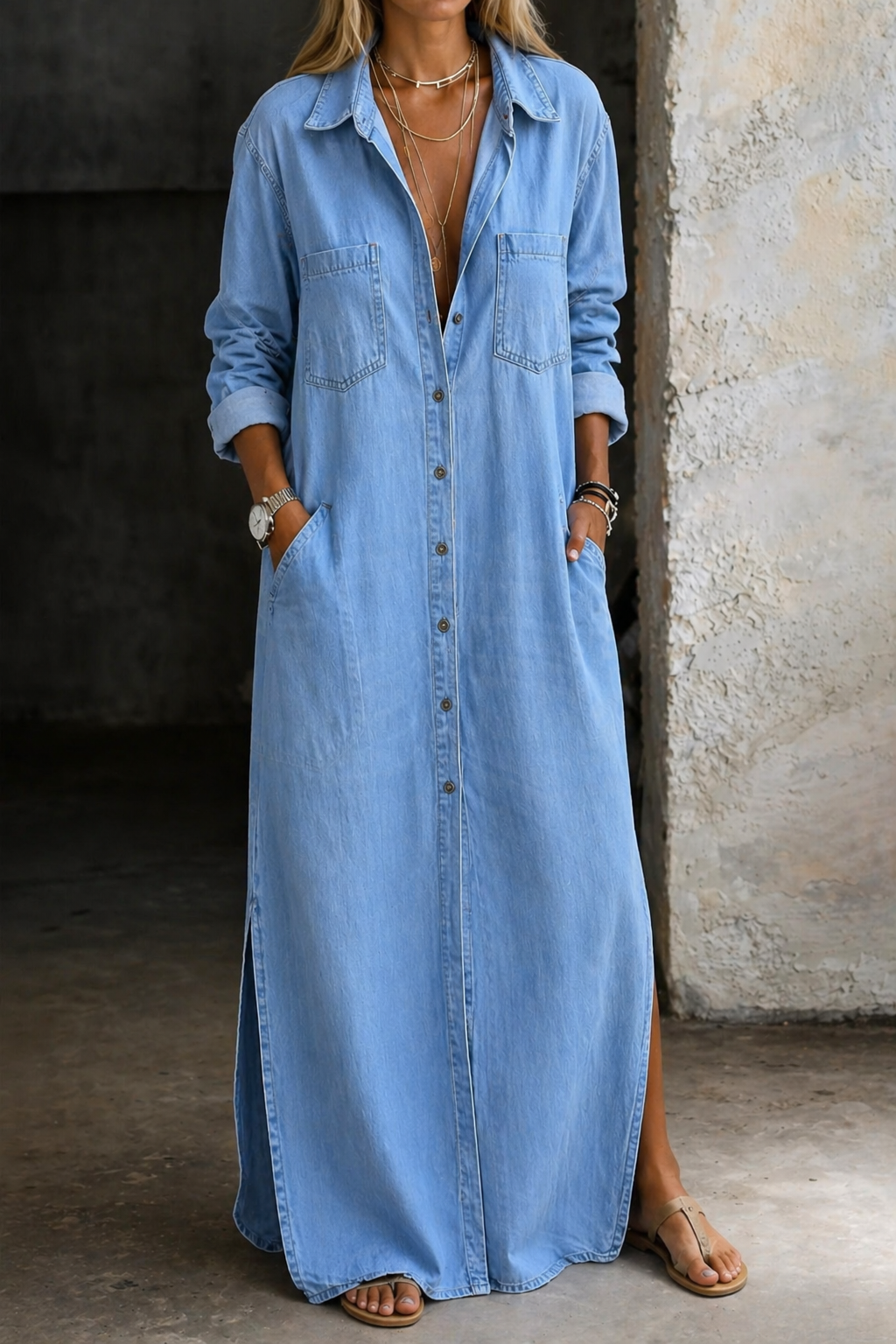 Lorrie Collared Maxi Dress in Blue