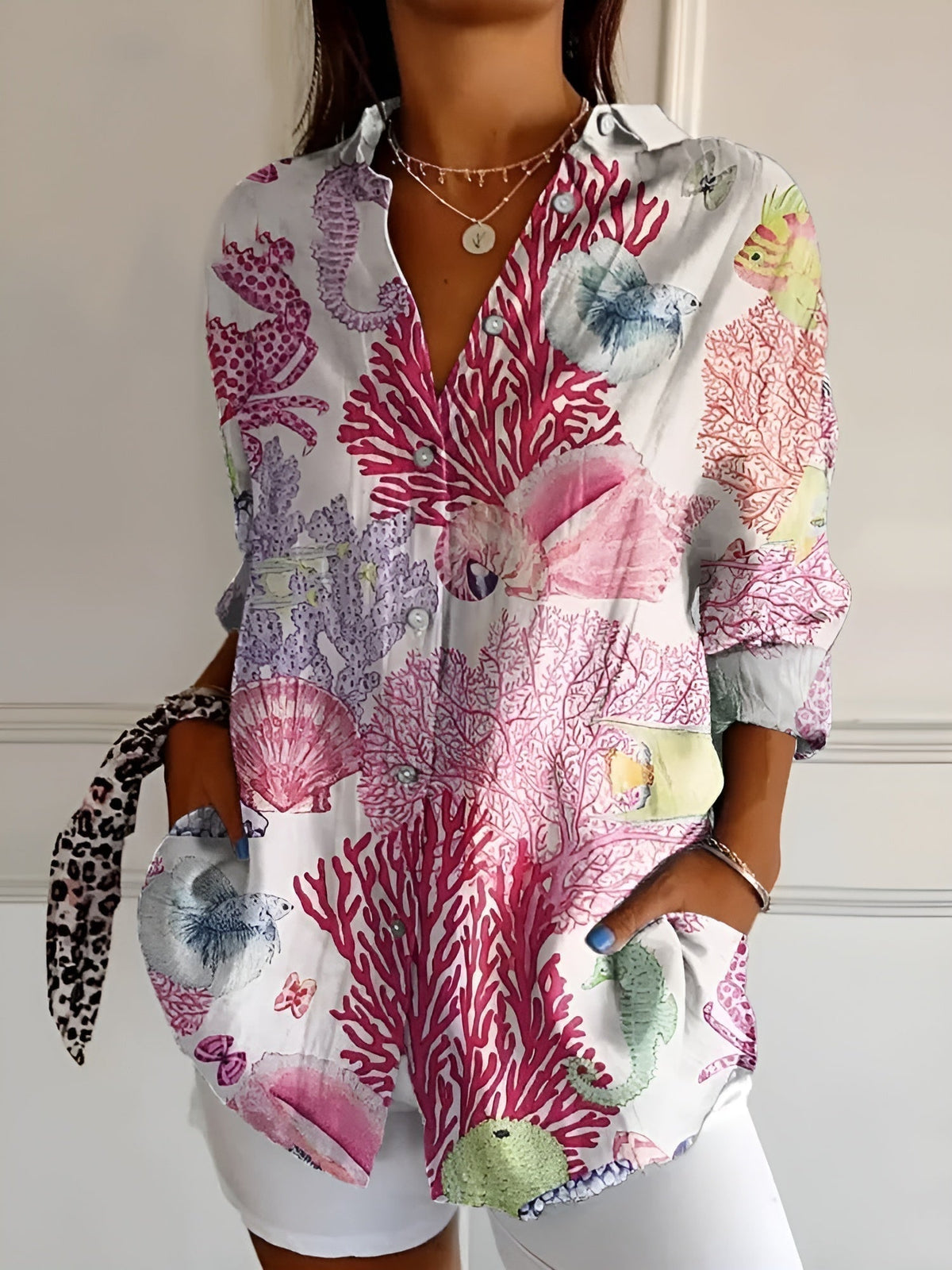 Lou Vine Print Shirt in Pink Sea Life