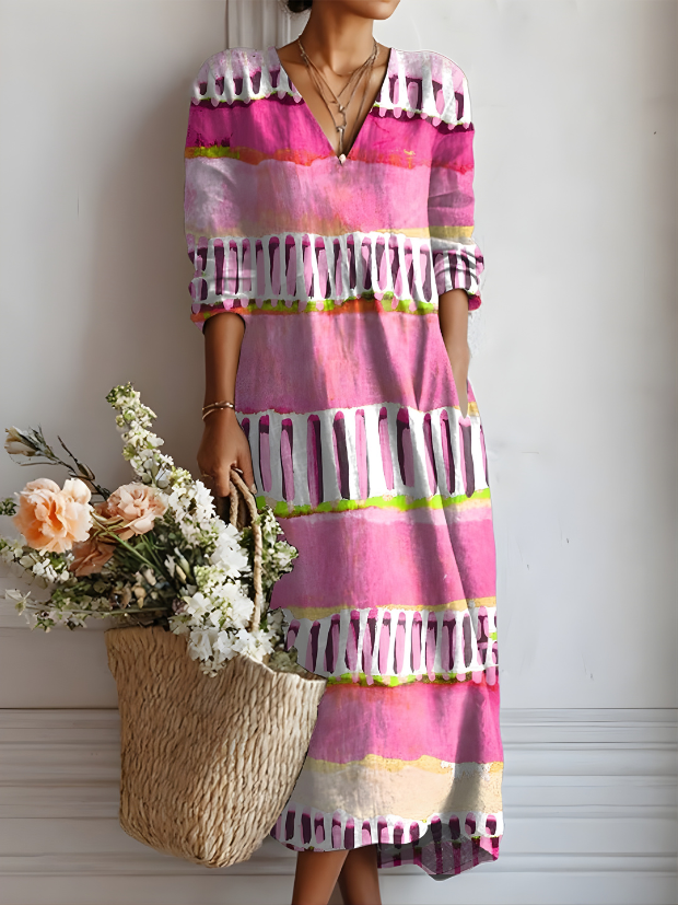 Lucrezia Brushstroke Stripe Dress in Fuchsia Stripe