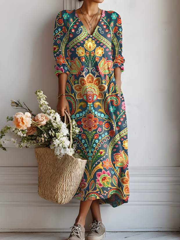 Ludivine Ornate Floral Dress in Teal Floral