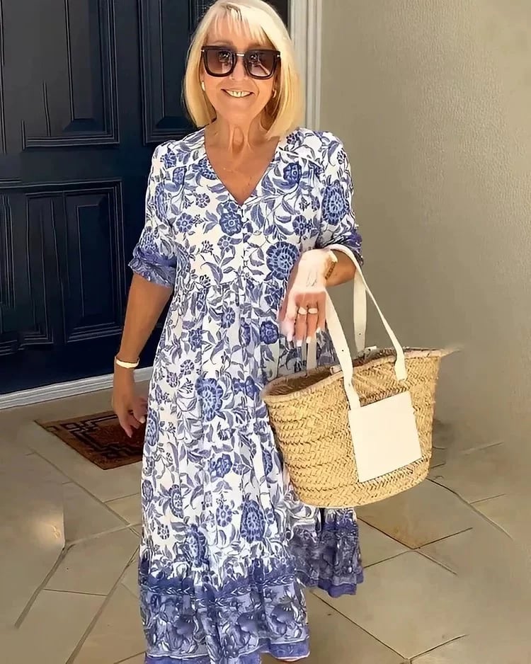 Mackenzie Border Print Dress in Blue