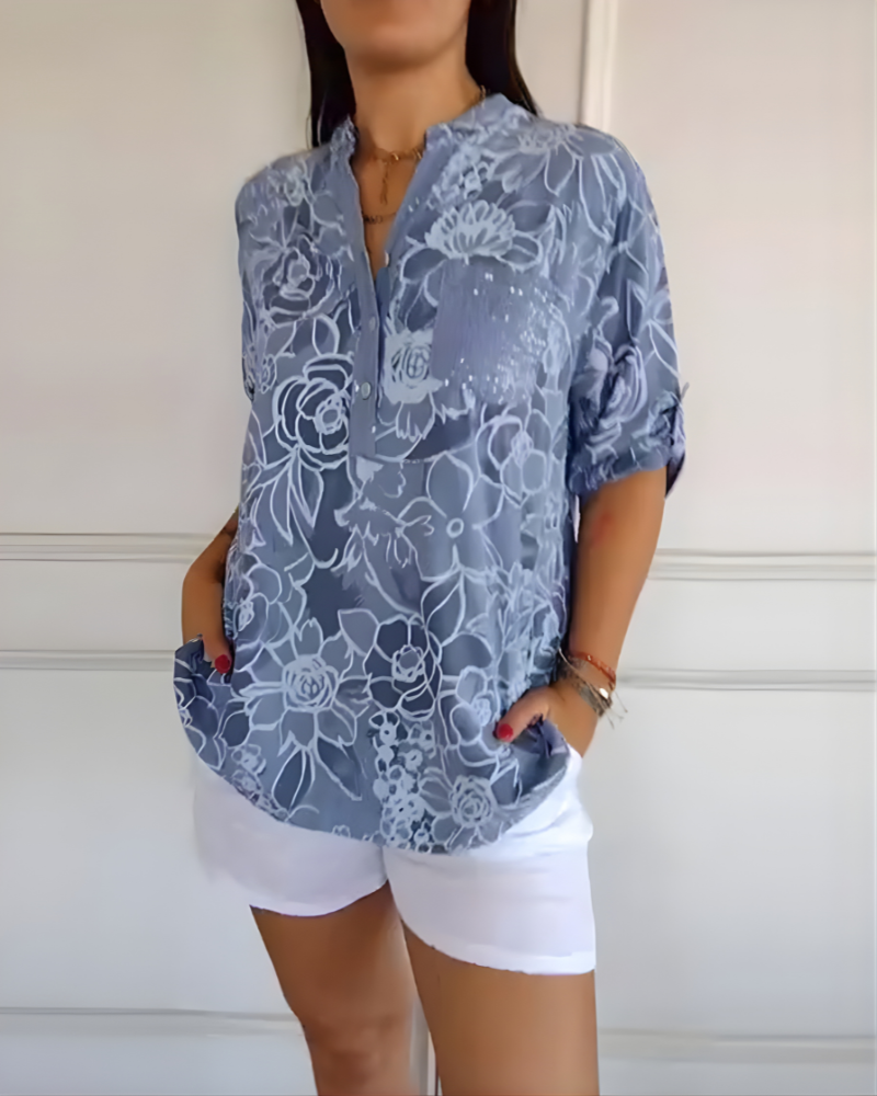 Madeline Floral Button Blouse in Light Blue