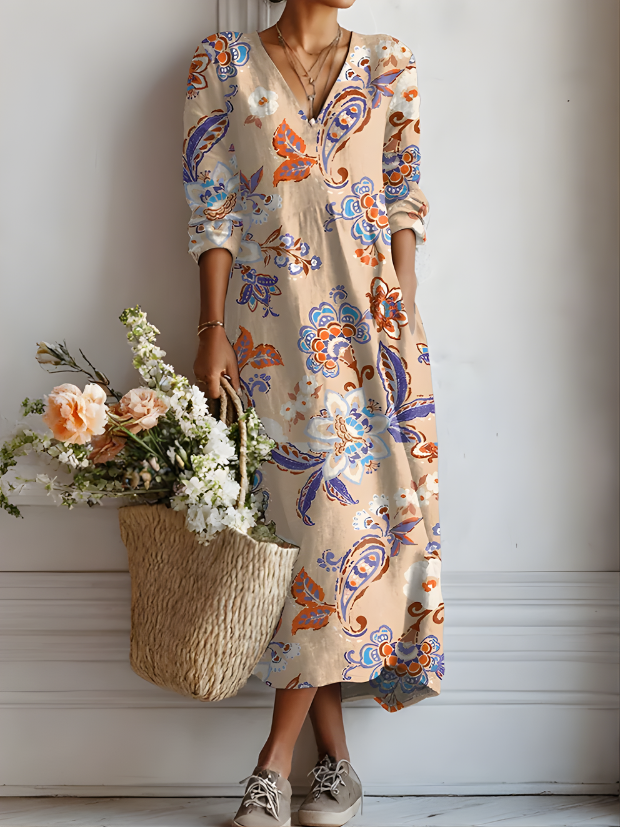 Magali Paisley Midi Dress in Beige Paisley
