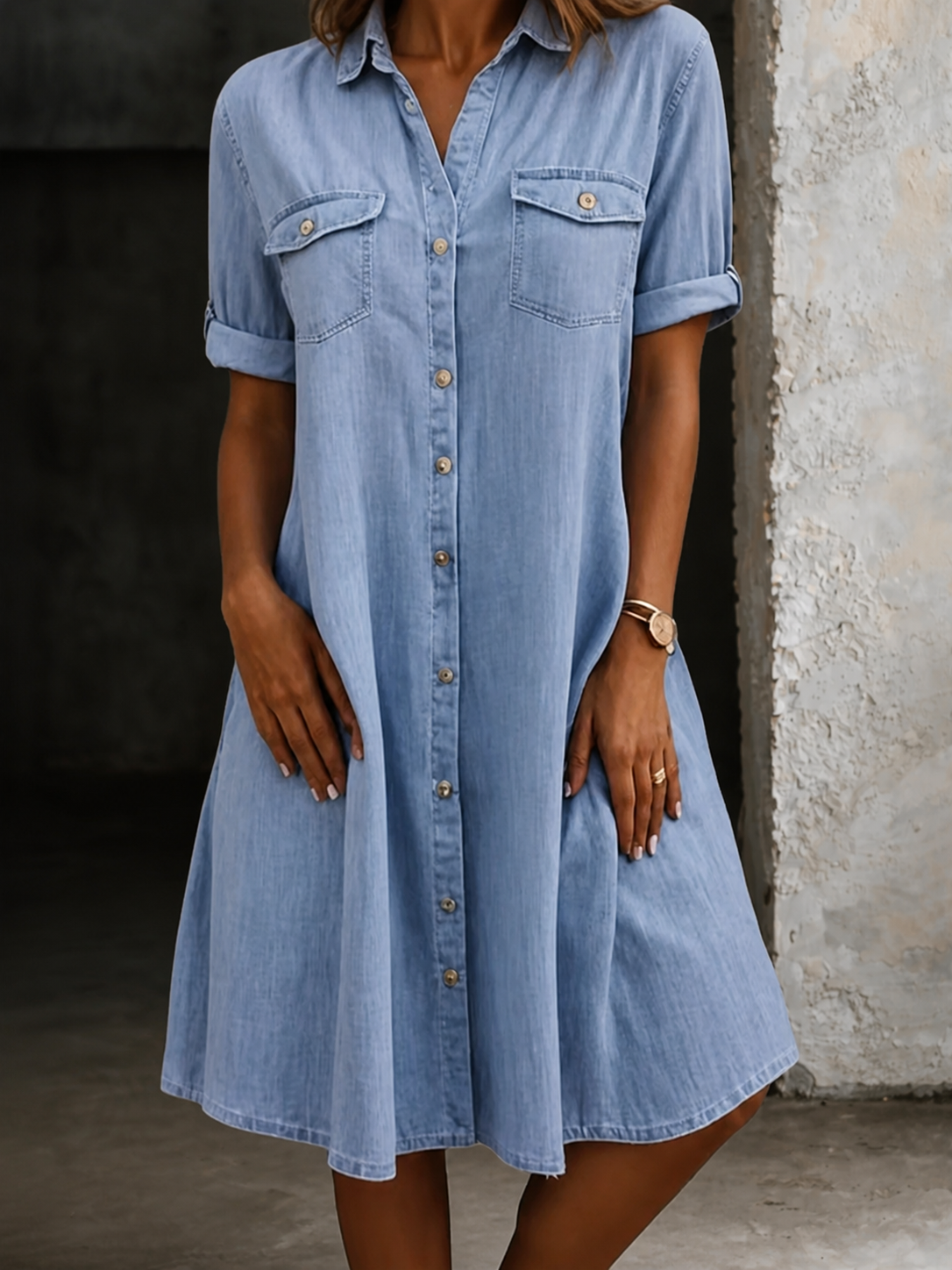 Makenzie A-Line Shirt Dress in Light Blue
