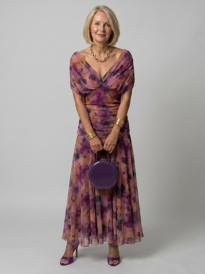 Mandy Draped Ruched Dress in Purple