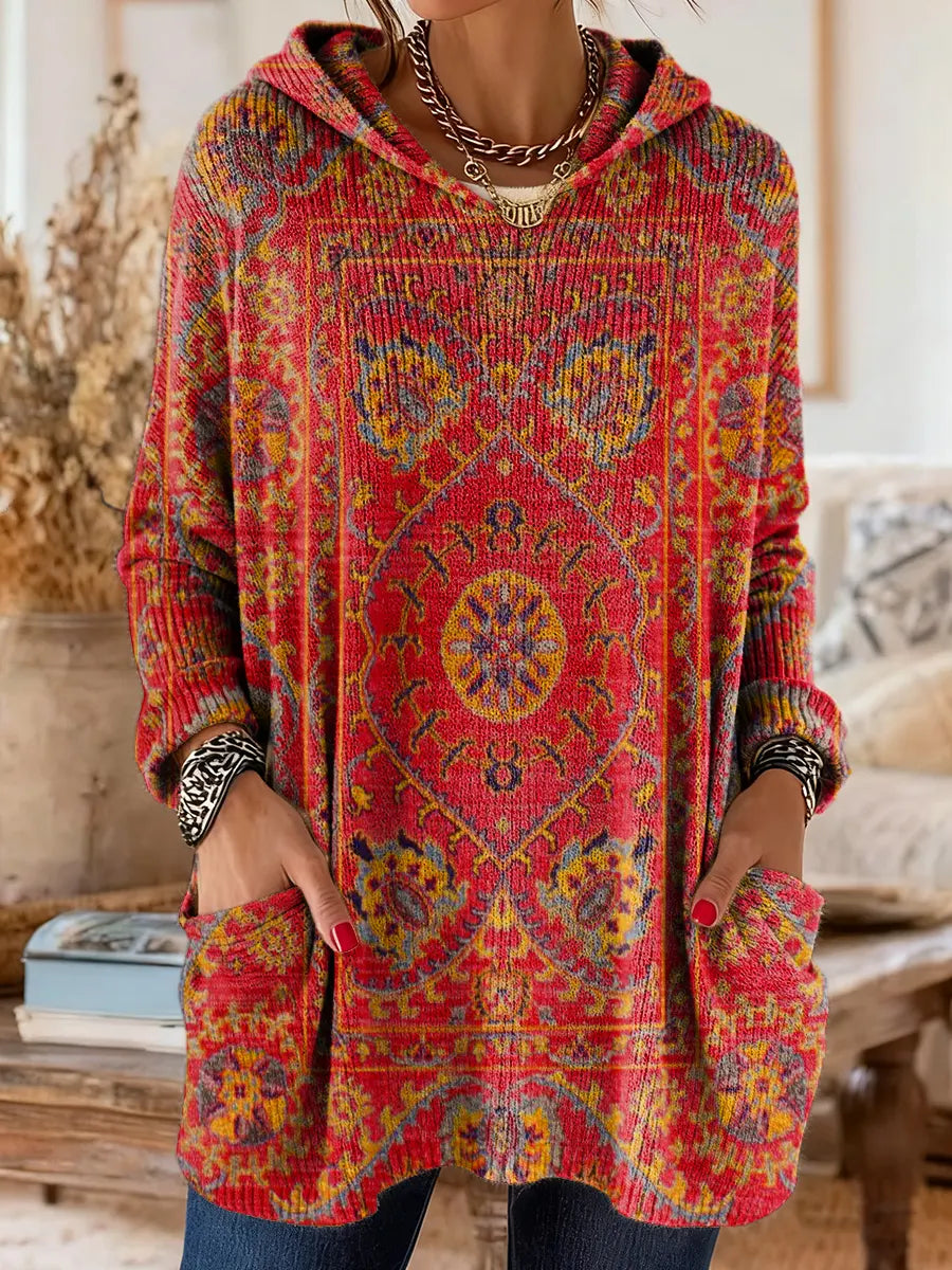 Marcela Patterned Knit Hoodie in Red