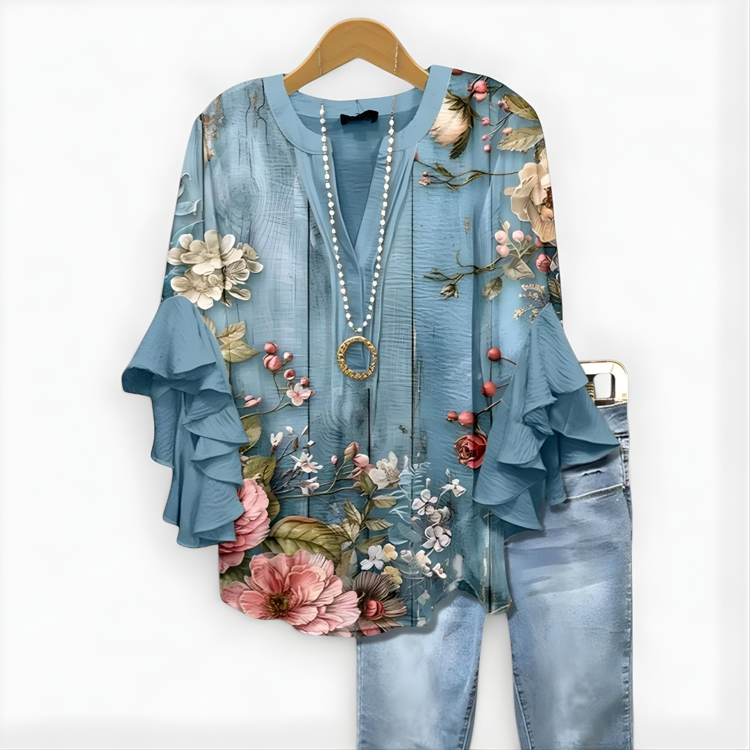 Margaret Ruffle Sleeve Blouse in Blue Floral