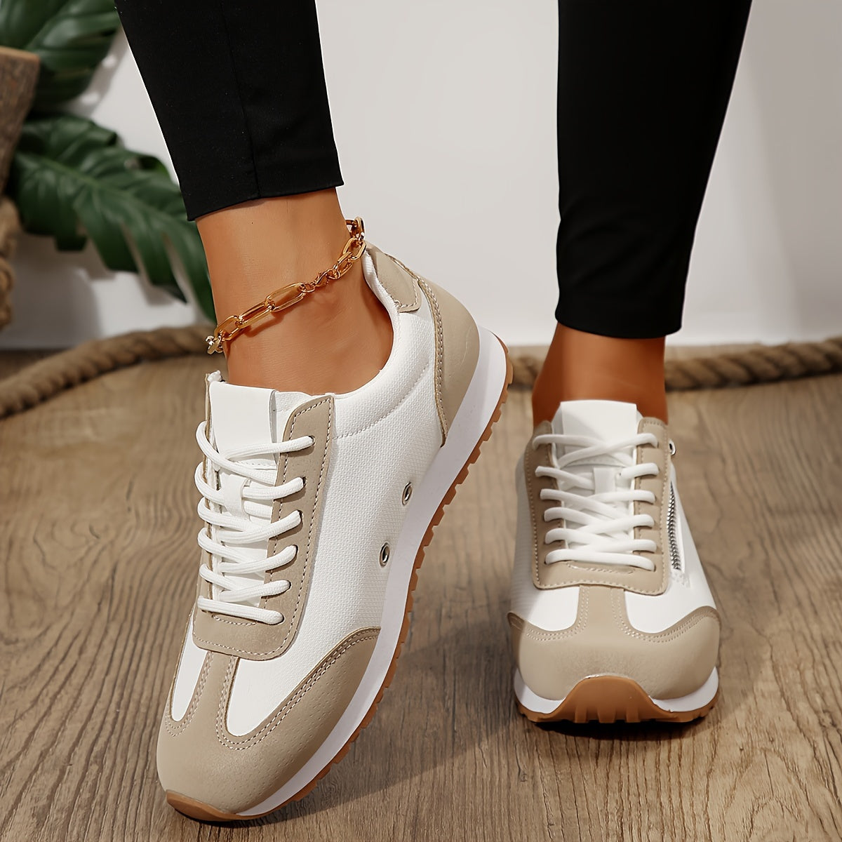 Maude Retro Lace-Up Trainers in Beige