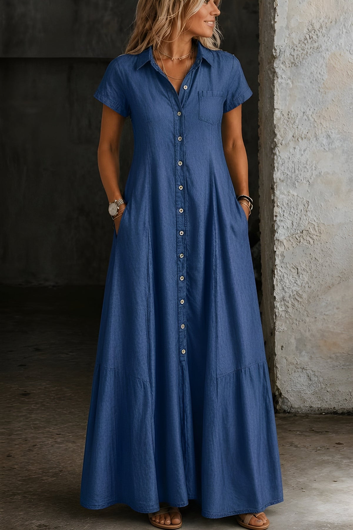 Maybelle Button-Through Maxi Dress in Dark Blue