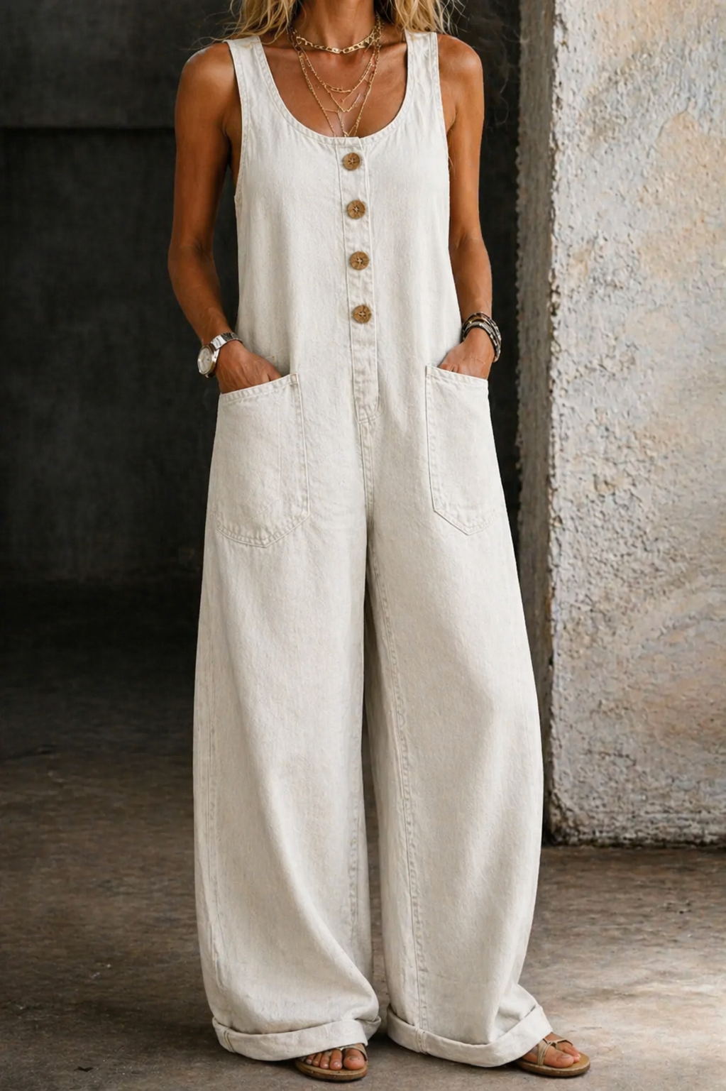 Mckenna Wide-Leg Button Overalls in White