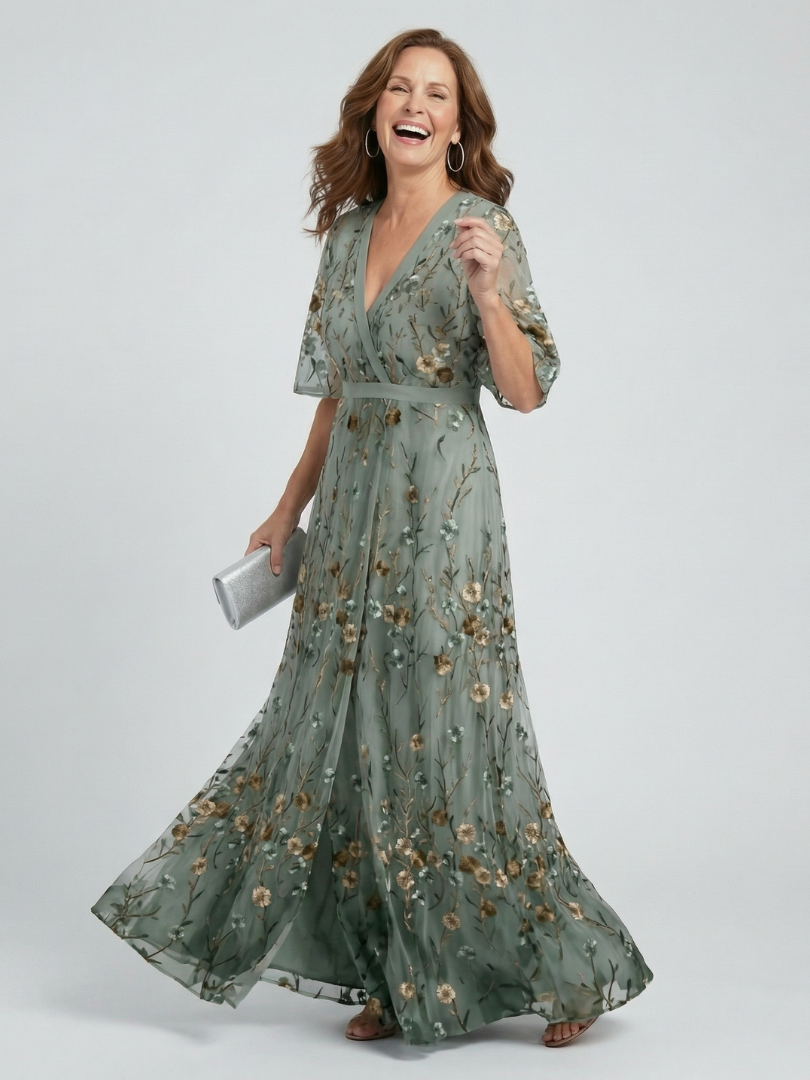 Meryl Sheer-Overlay Maxi Dress in Sage Green
