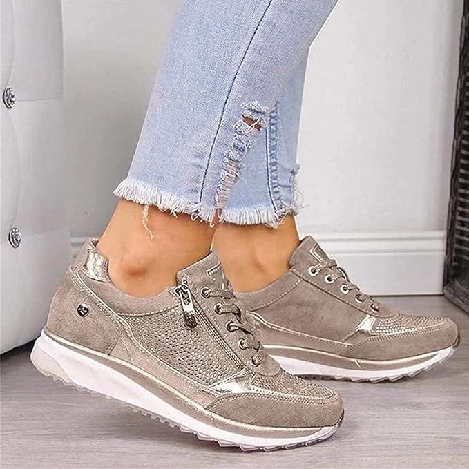 Mildred Side-Zip Sparkle Sneakers in Beige