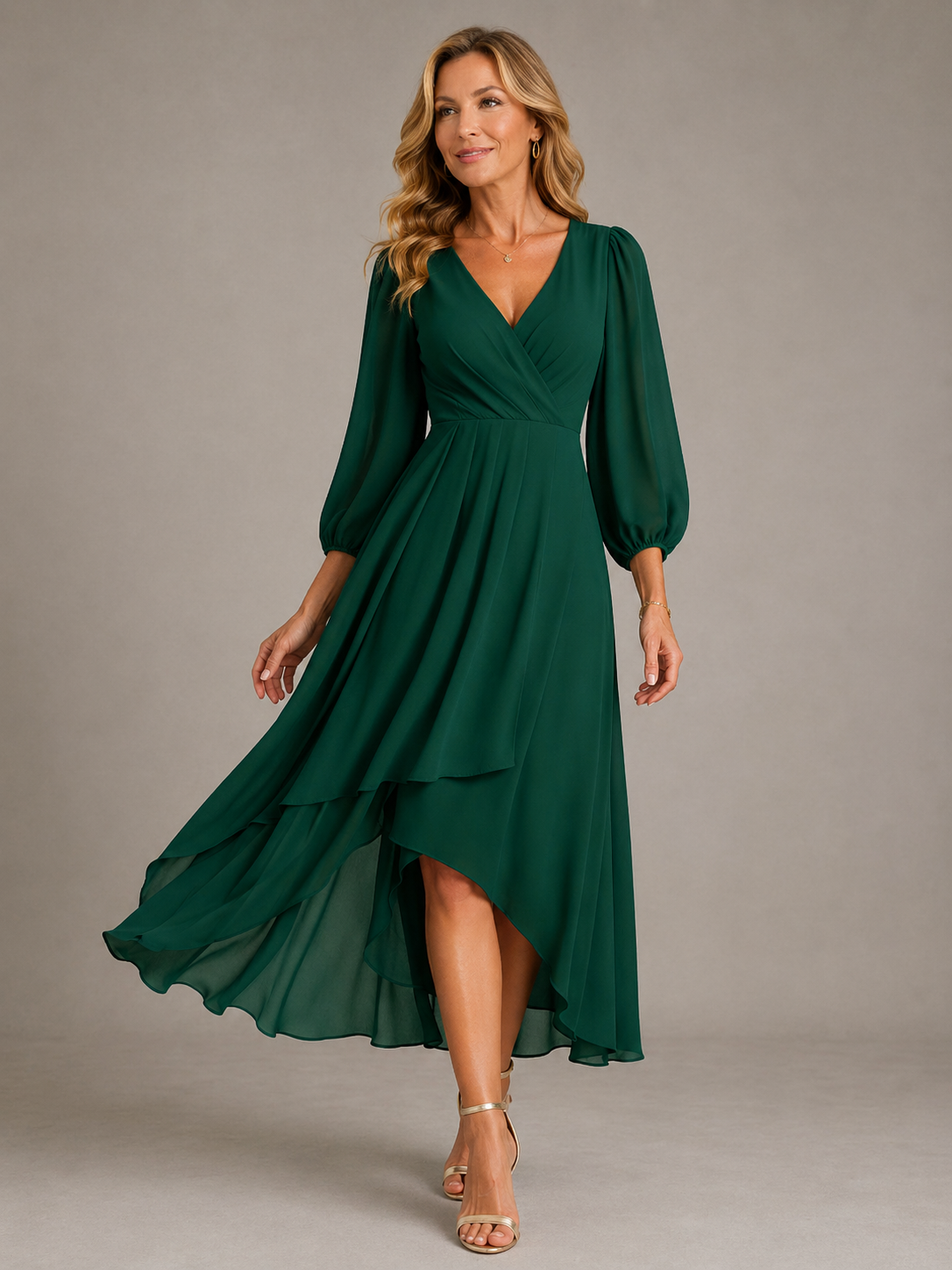 Minnie High-Low Wrap Dress in Dark Green