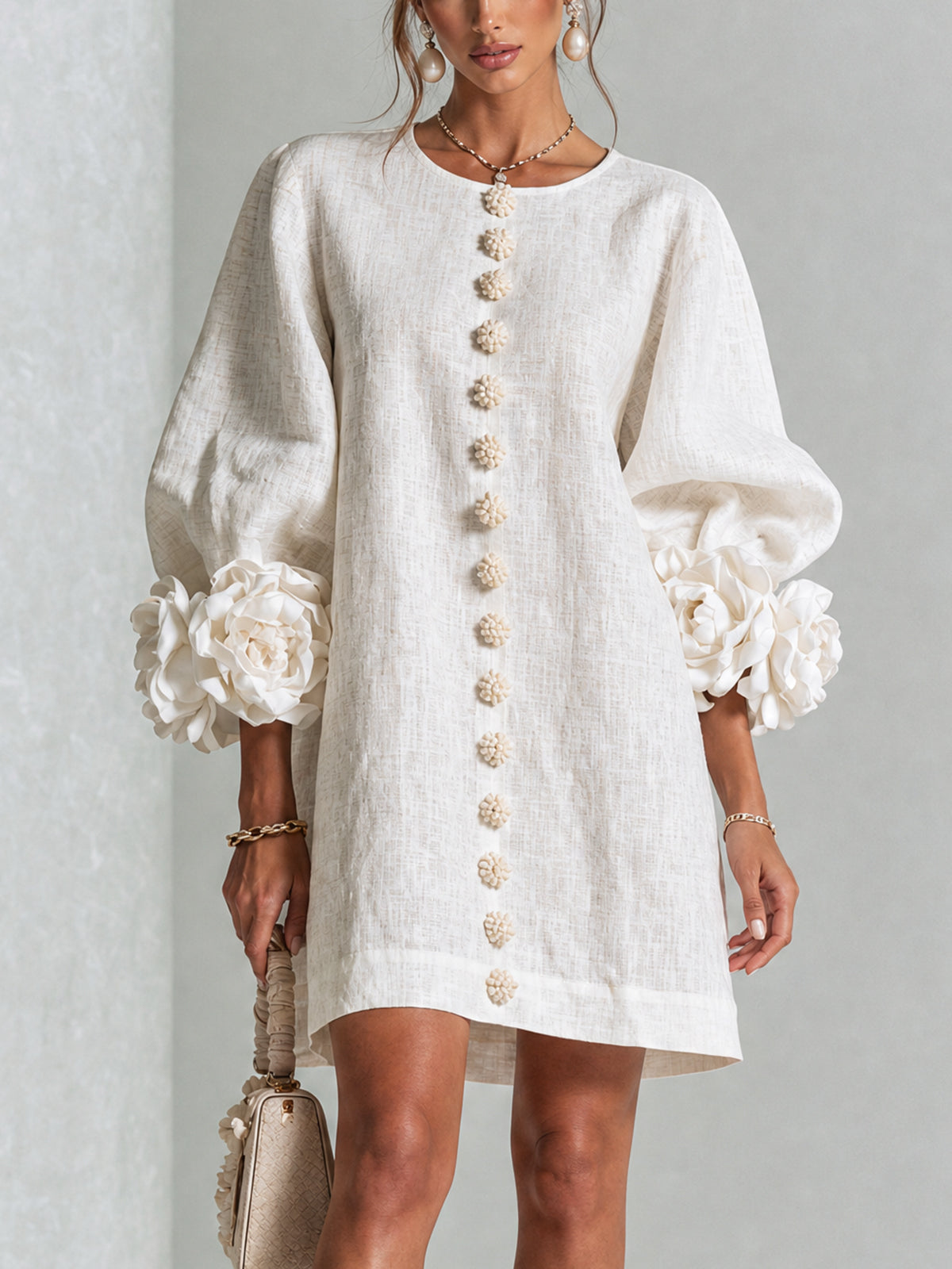 Mollie Rosette Sleeve Dress in White