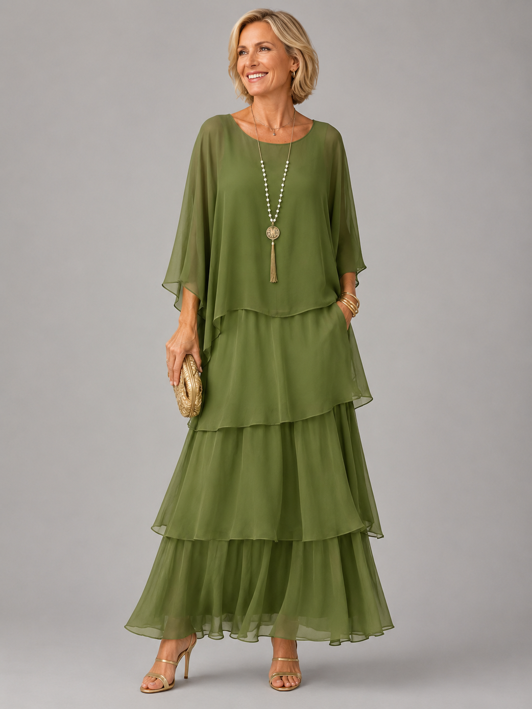 Nicola Tiered Overlay Dress in Dark Green