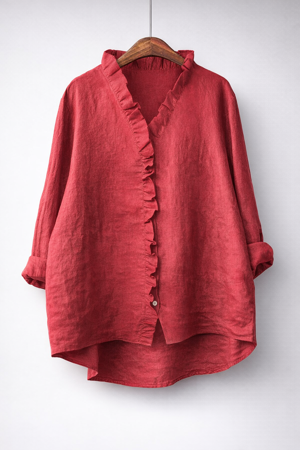 Noreen Ruffle Placket Shirt in Red