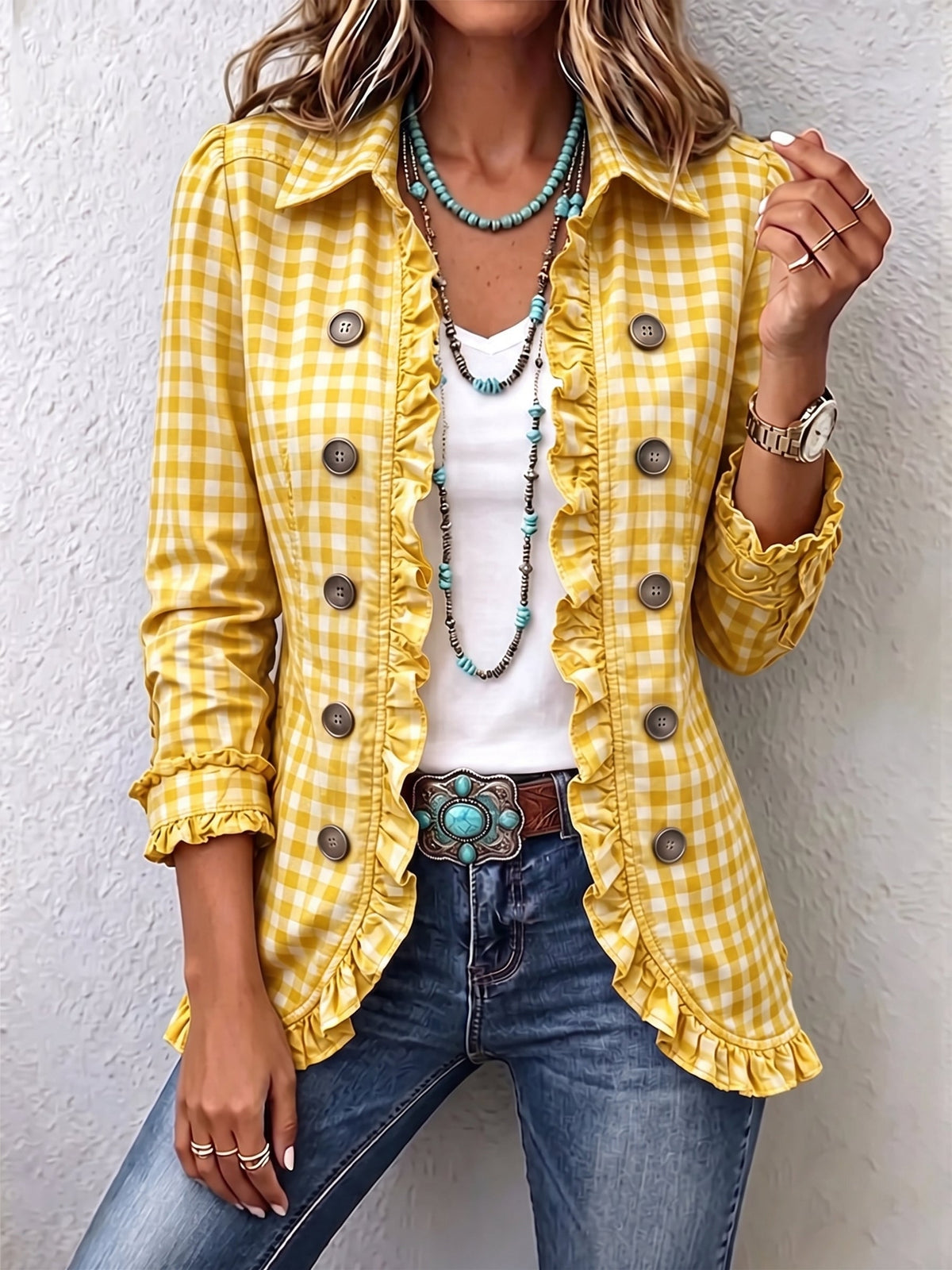 Henrietta | Gingham Ruffle Button-Up Jacket