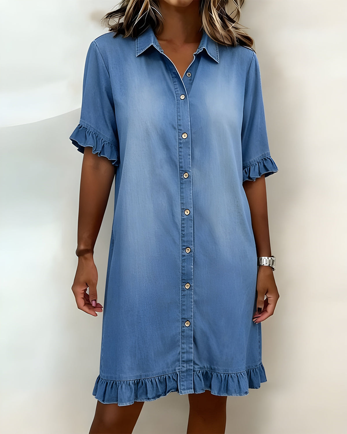 Orpha Ruffle-Hem Shirt Dress in Blue