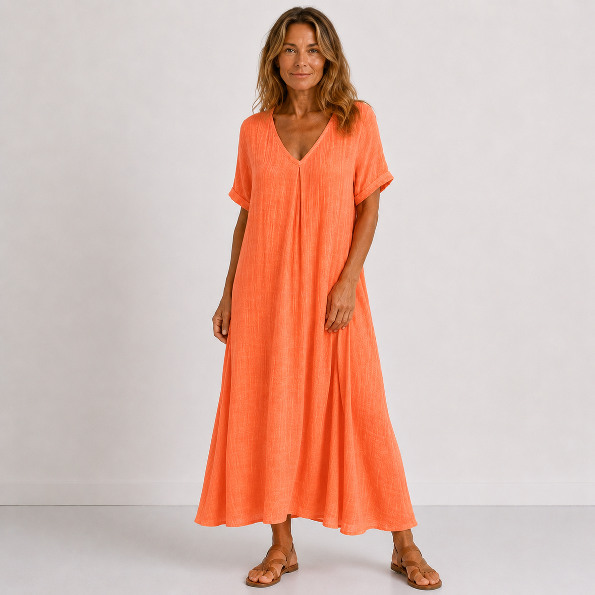 Petra Gauze Maxi Dress in Orange-Red