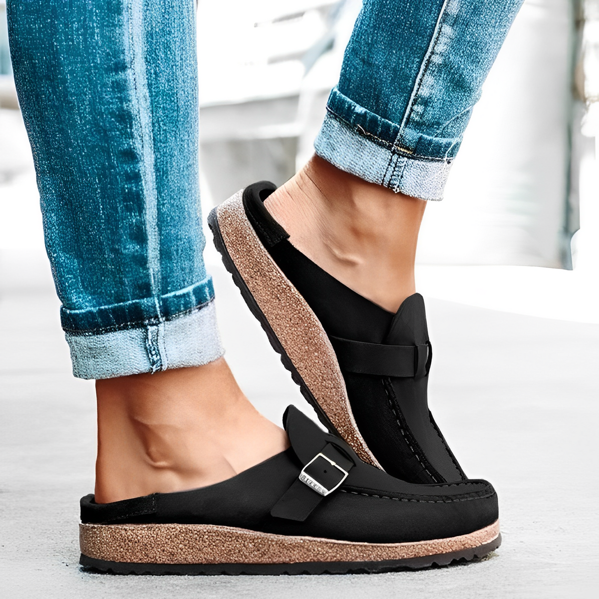 Polly Buckle Strap Mules in Black