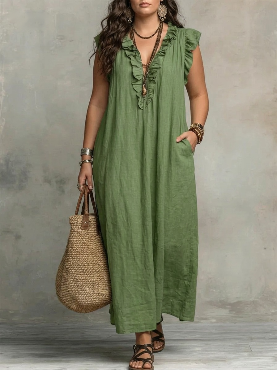 Rainey Ruffle-Neck Maxi Dress in Green