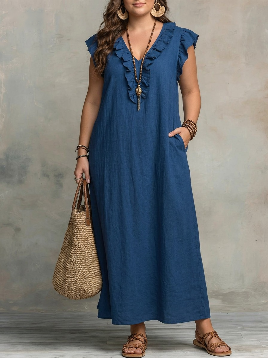 Rainey Ruffle-Neck Maxi Dress in Blue